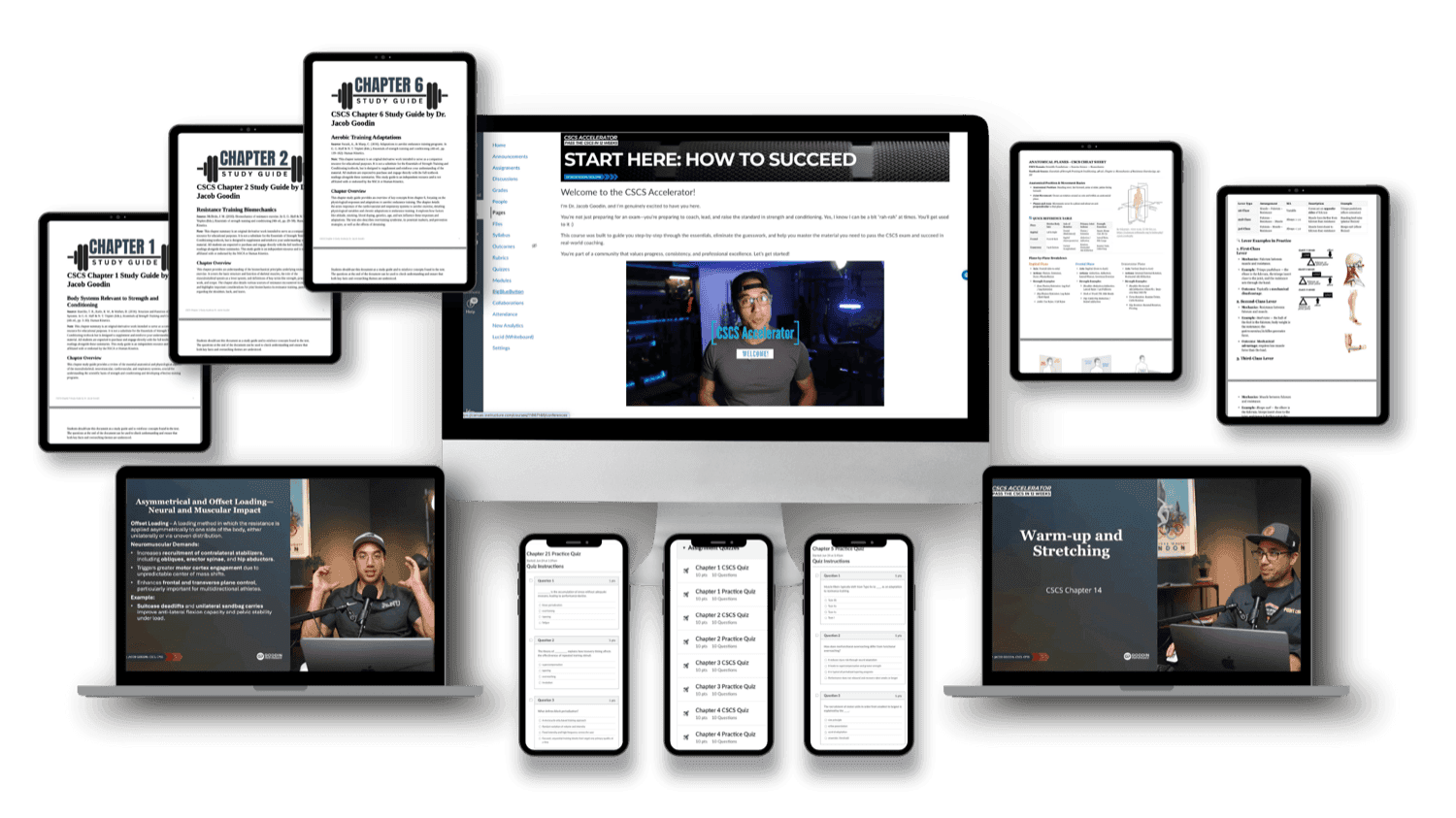 The CSCS Accelerator across desktop, laptop, tablet, and phone: live lectures, chapter study guides, quizzes, and cheat sheets