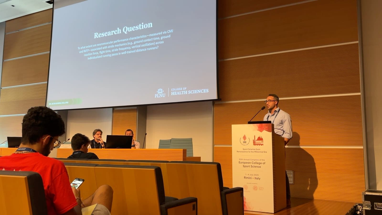 Dr. Jacob Goodin presenting sport-science research at the European College of Sport Science congress